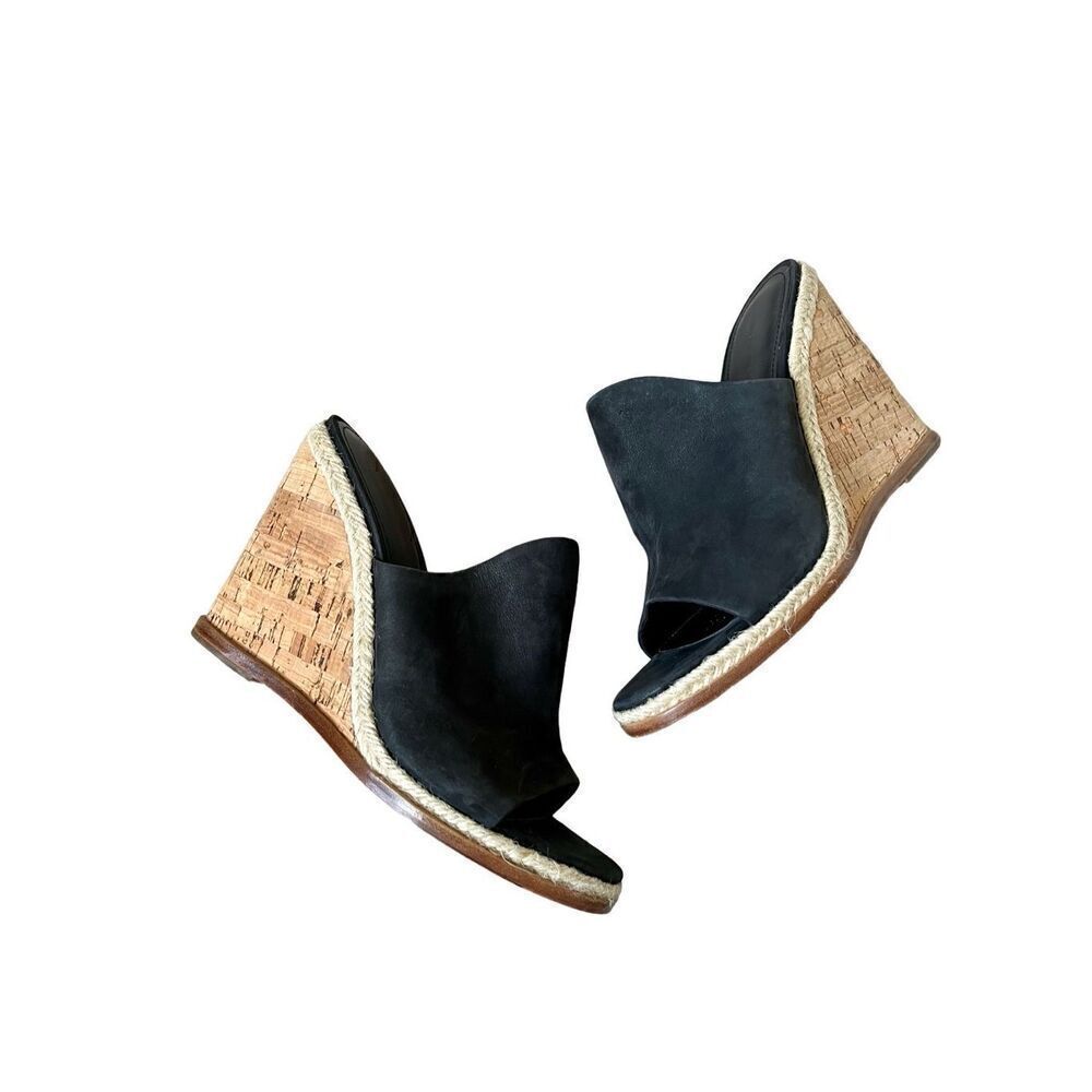 Sigerson Morrison Black Leather‎ Cork Wedge Sandals size 8 B Slip On